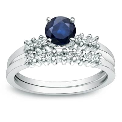 Platinum Round 1/2ct Blue Sapphire and 1/2ct TDW Diamond Engagement Ring Set by Auriya