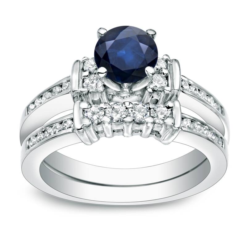 Platinum Round 3/5ct Blue Sapphire and 2/5ct TDW Diamond Engagement Ring Set by Auriya