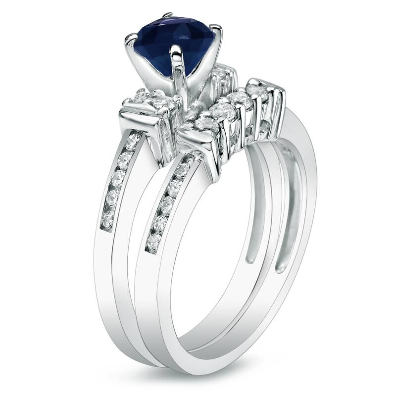 Platinum Round 3/5ct Blue Sapphire and 2/5ct TDW Diamond Engagement Ring Set by Auriya