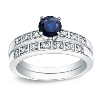 Platinum 4/5ct Sapphire and 1/5ct TDW Diamond Engagement Ring Set by Auriya