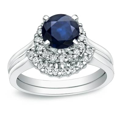 Platinum Round 3/4ct Sapphire and 1/4ct TDW Diamond Halo Engagement Ring Set by Auriya