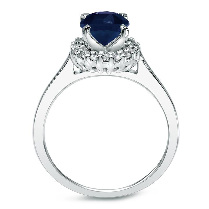 Platinum Round 3/4ct Sapphire and 1/4ct TDW Diamond Halo Engagement Ring Set by Auriya