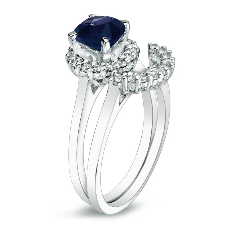 Platinum Round 3/4ct Sapphire and 1/4ct TDW Diamond Halo Engagement Ring Set by Auriya
