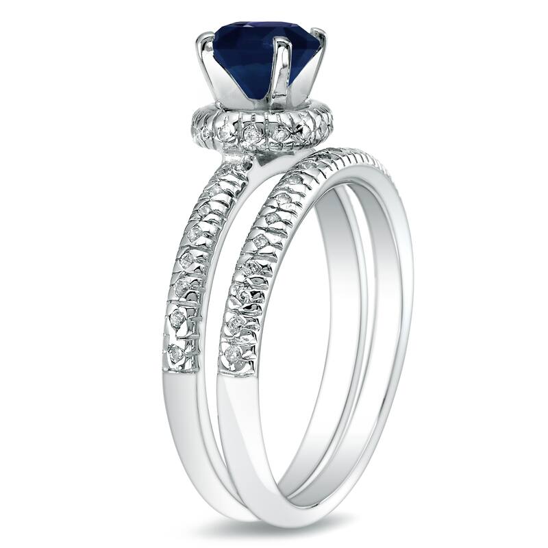 Platinum Round 3/4ct Sapphire and 1/4ct TDW Diamond Engagement Ring Set by Auriya