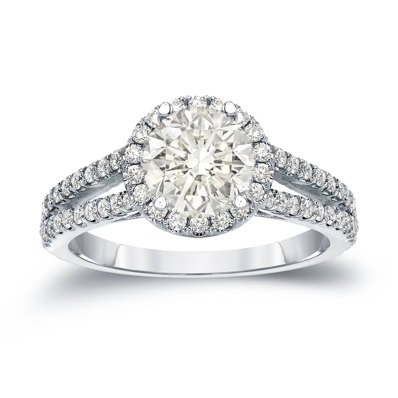 14k Gold Round 1 1/3ct TDW Certified Diamond Halo Engagement Ring by Auriya
