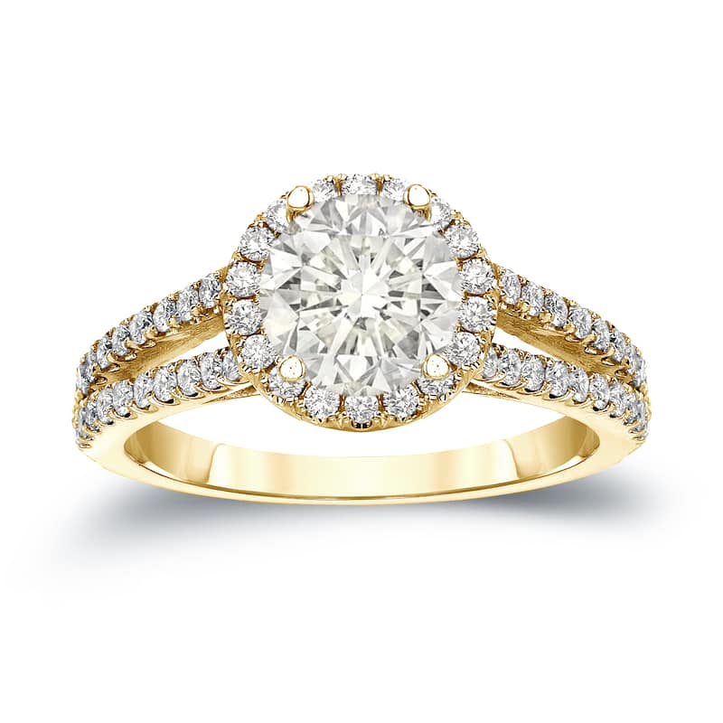 14k Gold Round 1 1/3ct TDW Certified Diamond Halo Engagement Ring by Auriya