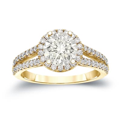 14k Gold Round 1 1/3ct TDW Certified Diamond Halo Engagement Ring by Auriya
