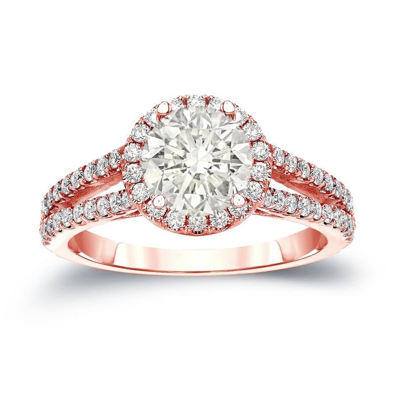 14k Gold Round 1 1/3ct TDW Certified Diamond Halo Engagement Ring by Auriya