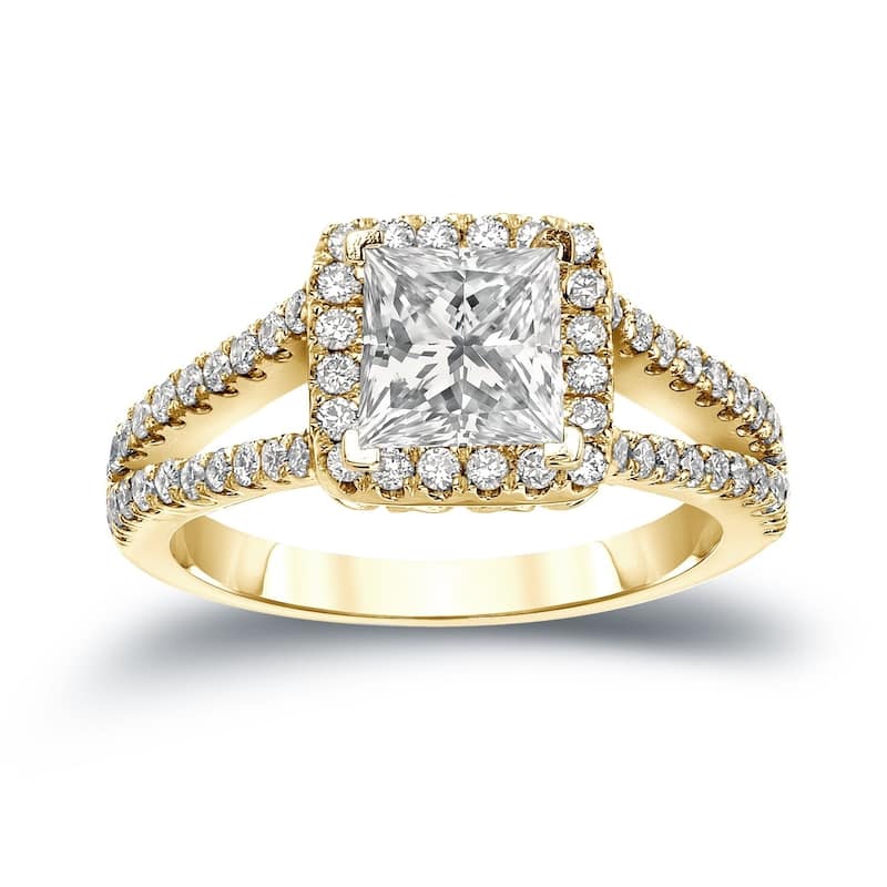 Auriya 1 1/4ctw Princess-Cut Halo Diamond Engagement Ring 14k Gold (H-I, I1-I2) - 4 - Yellow