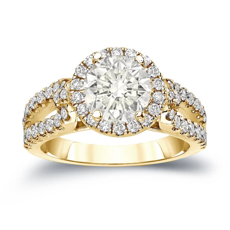 14k Gold Round 1 1/2ct TDW Certified Diamond Halo Engagement Ring by Auriya