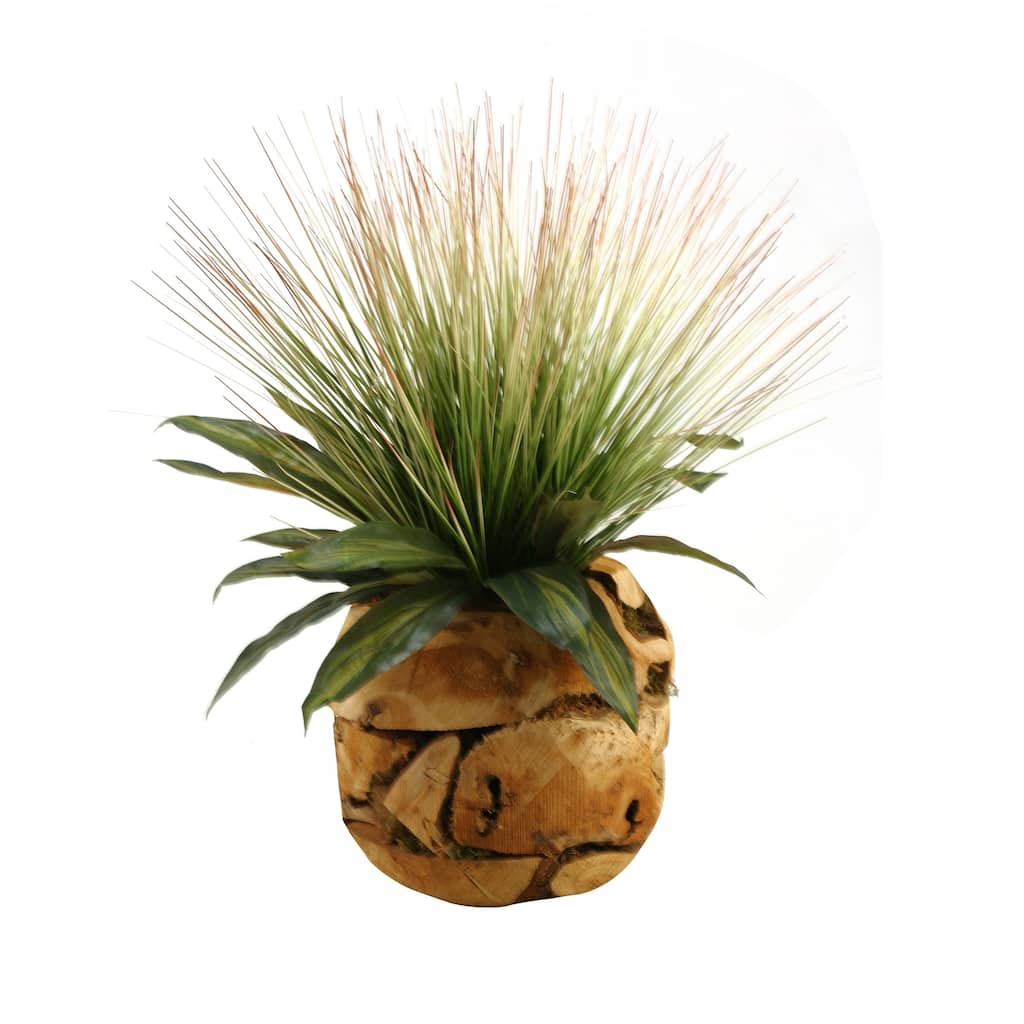 D&W Silks Tall Onion Grass and Dracaena Leaves in Wooden Root Ball - Green