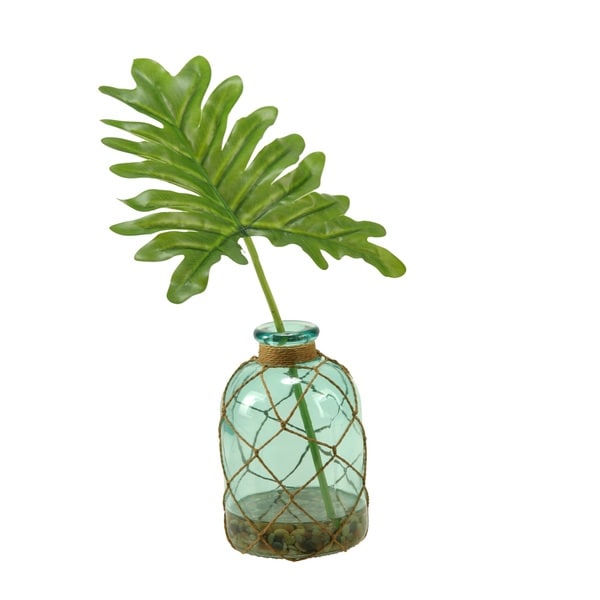 D&W Silks Selloum Philo Leaf in Blue Glass Bottle Vase