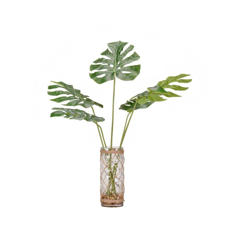 D&W Silks Round Split Leaf Philo in Glass Vase - Mixed