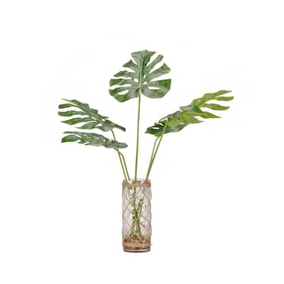 D&W Silks Round Split Leaf Philo in Glass Vase - Mixed