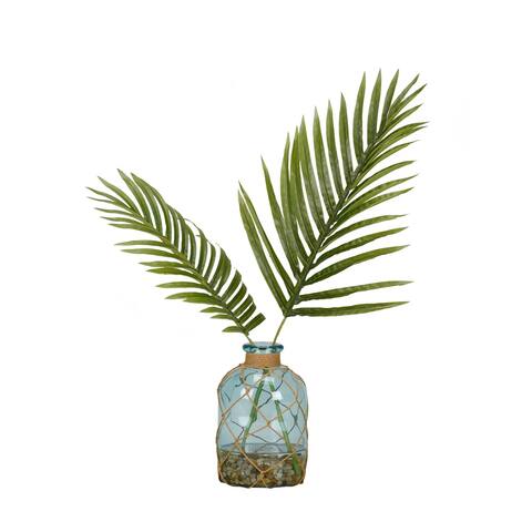 D&W Silks Cycas Palm Fronds in Blue Bottle Vase