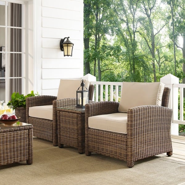 slide 1 of 4, Bradenton Brown Wicker Sand Cushions Outdoor Conversation Set (Set of 3)