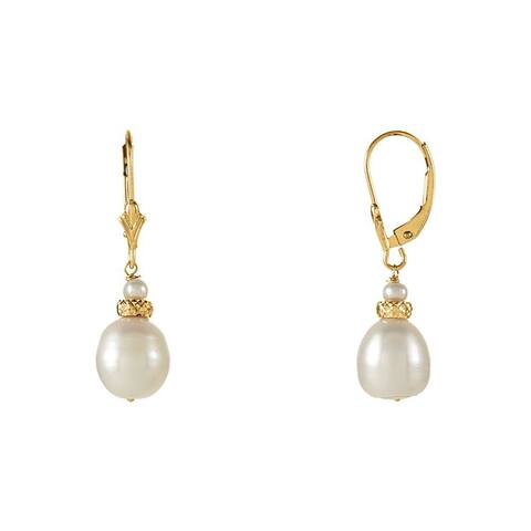 Curata 14k Yellow Gold 9-9.5 mm Freshwater Cultured Pearl Antique Bead Leverback Earrings - White