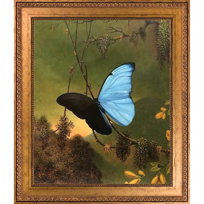 La Pastiche Martin Johnson Heade 'Blue Morpho Butterfly' Hand Painted Framed Oil Reproduction on Canvas