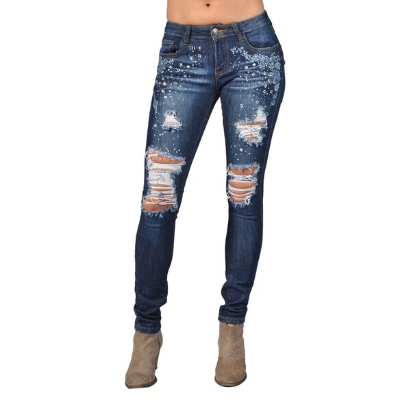 jeans with cross on back pocket in rhinestones