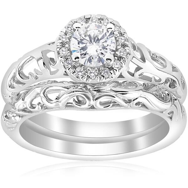 Shop 14k White Gold 5 8ct Tdw Diamond Halo Engagement Ring Matching Wedding Band Vintage Filigree Set I J I2 I3 On Sale Overstock 15275481