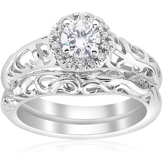 14k white gold 58ct tdw diamond halo engagement ring matching wedding band vintage filigree - Gold Diamond Wedding Rings 14k white gold 58ct tdw diamond halo engagement ring matching wedding band vintage filigree - Gold Diamond Wedding Rings