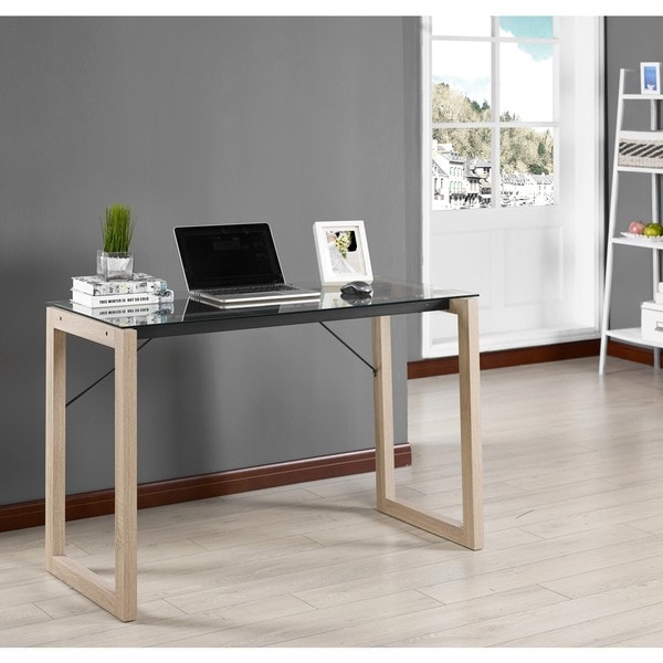 Shop K And B Furniture Co Natural Wood And Black Glass Desk