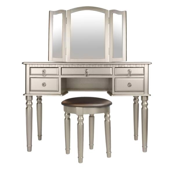 Shop Bobkona St Croix Rubberwood Veneer 3 Fold Mirror Vanity Table With Stool Set With 5 Drawers Overstock 15283194