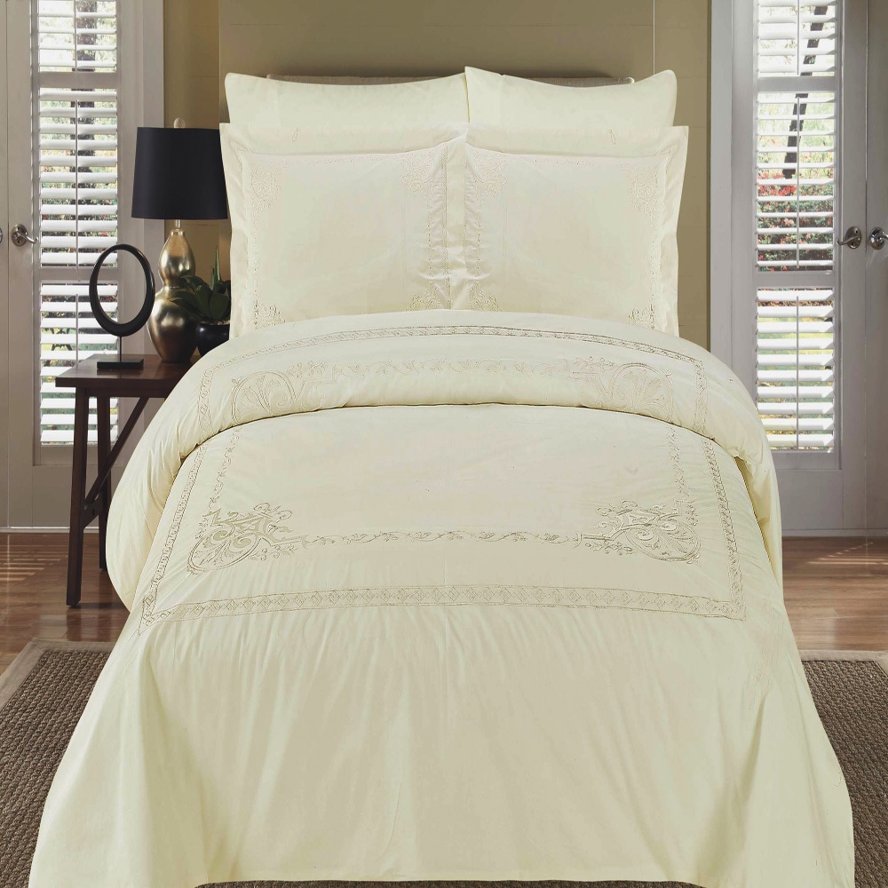 Shop Athena Embroidered 100 Percent Cotton Ivory Ivory Duvet Cover