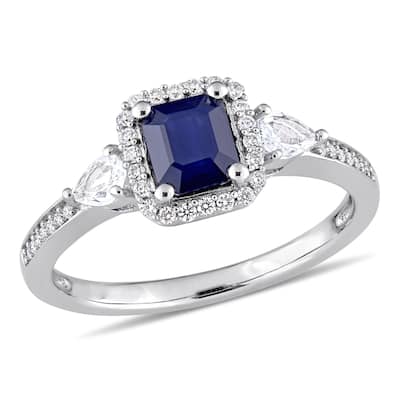 Miadora Signature Collection 14k White Gold Octagon and Pear-cut Blue and White Sapphire Halo Engage