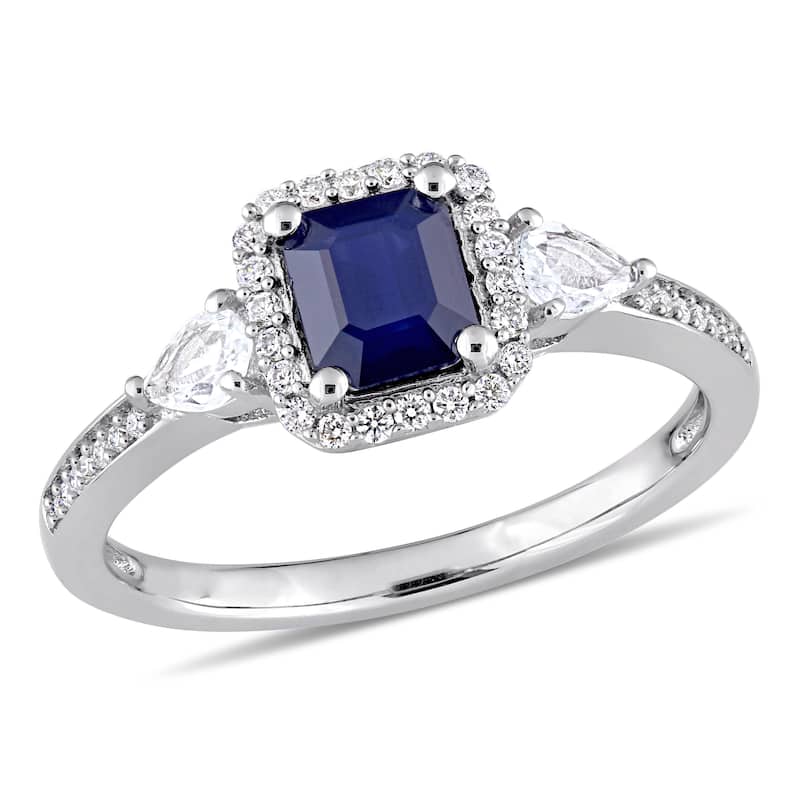 Miadora Signature Collection 14k White Gold Octagon and Pear-cut Blue and White Sapphire Halo Engage