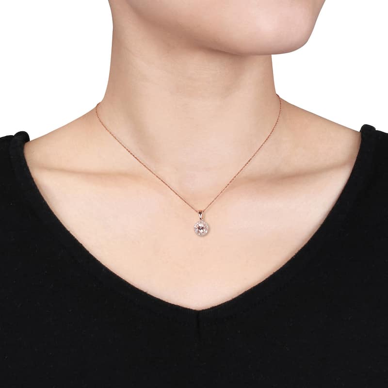 Miadora Signature Collection 10k Rose Gold Morganite and 1/5ct TDW Diamond Halo Ring, Stud Earrings, and Necklace Set