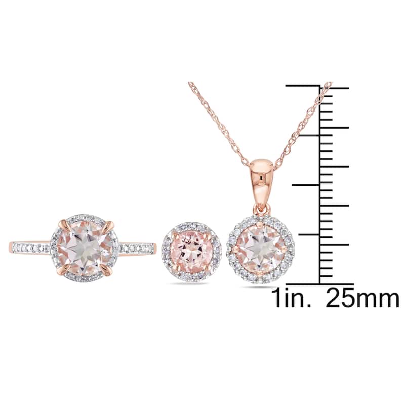 Miadora Signature Collection 10k Rose Gold Morganite and 1/5ct TDW Diamond Halo Ring, Stud Earrings, and Necklace Set
