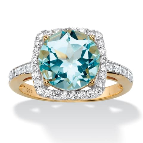 14K Yellow Gold over Silver Genuine Blue Topaz and Round CZ Ring