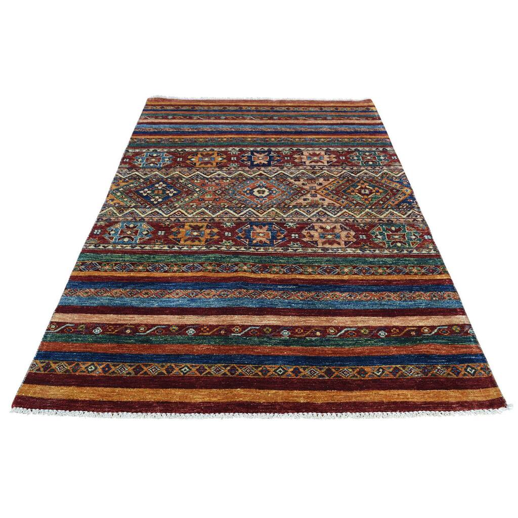 Shahbanu Rugs Hand-knotted Super Kazak Khorjin Design Multicolor Pure Wool Oriental Rug (4'0 x 6'1) - Multi