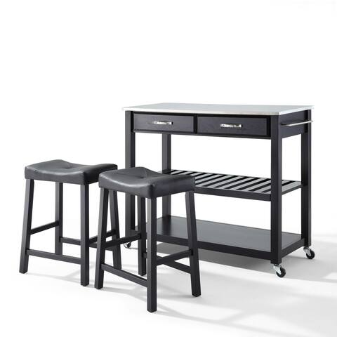 Stainless Steel Top Kitchen Prep Cart with Upholstered Saddle Stools
