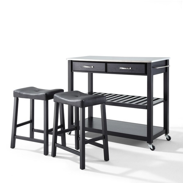 Carbon Loft Edwin Stainless Steel Top Black Finish Kitchen Cart with Upholstered Saddle Stools