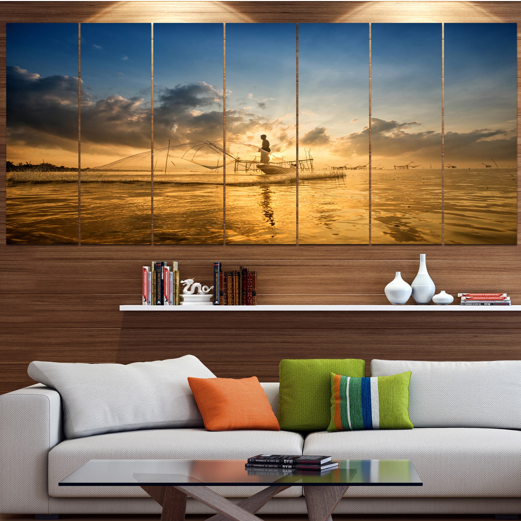 Shop Black Friday Deals On Designart Pakpra With Fisherman At Sunrise Modern Landscape Art Multi Color On Sale Overstock 15325433