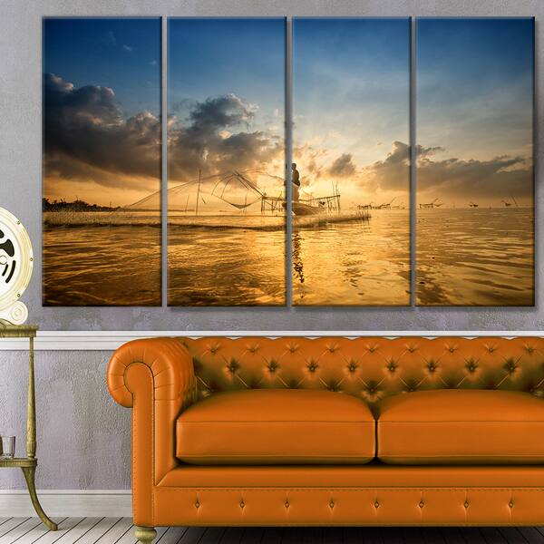 Shop Black Friday Deals On Designart Pakpra With Fisherman At Sunrise Modern Landscape Art Multi Color On Sale Overstock 15325433