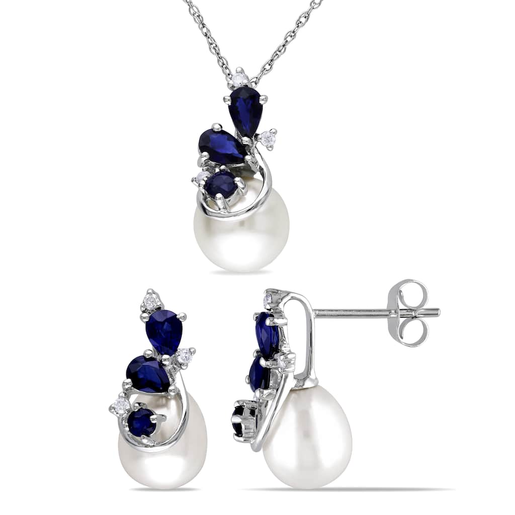 Miadora Signature Collection 10k White Gold Freshwater Pearl Sapphire and 1/10ct TDW Diamond Earrings and Necklace Set