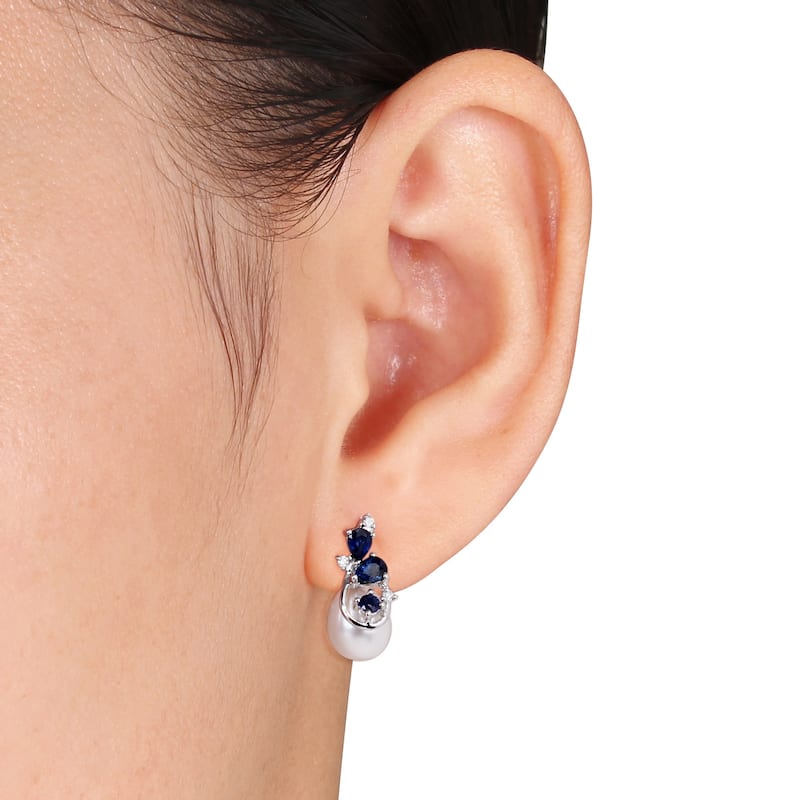 Miadora Signature Collection 10k White Gold Freshwater Pearl Sapphire and 1/10ct TDW Diamond Earrings and Necklace Set