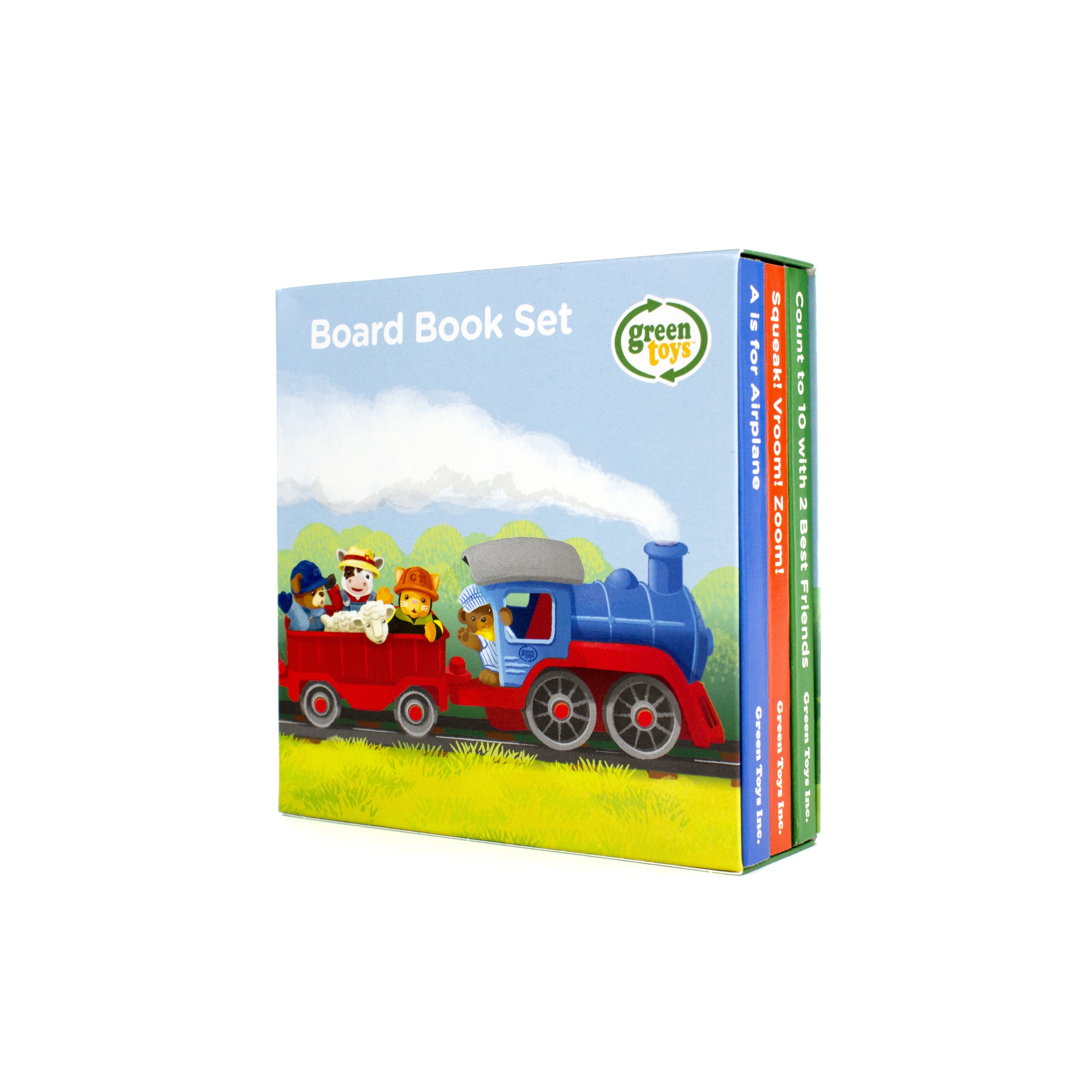 green toys airplane and board book