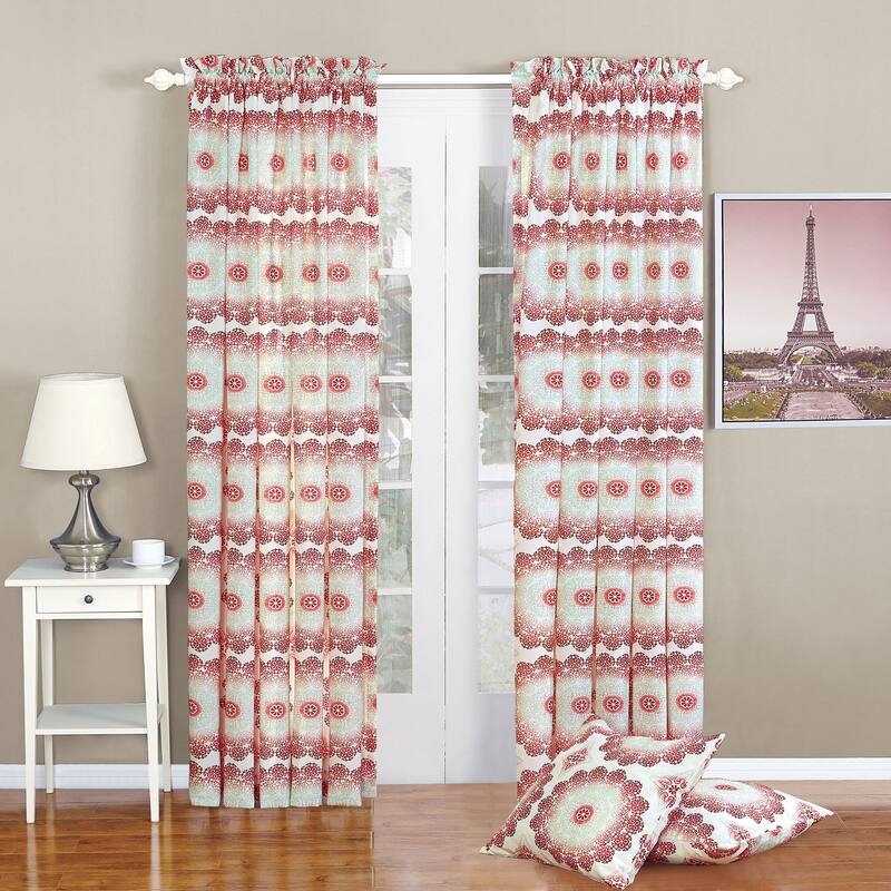 Serenta Delia Printed Rod Pocket Curtain Panel and Pillow Set - 84 Inches - Red Clay
