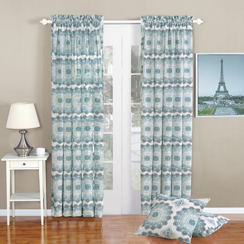 Serenta Delia Printed Rod Pocket Curtain Panel and Pillow Set - 96 Inches - Midnight