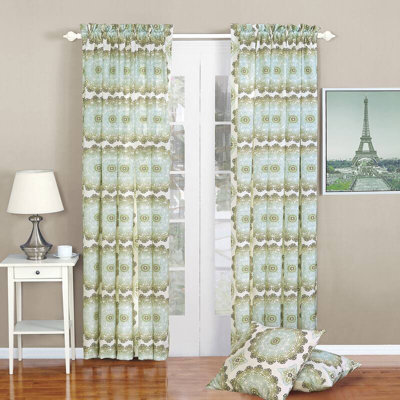 Serenta Delia Printed Rod Pocket Curtain Panel and Pillow Set - 84 Inches - Olive Branch