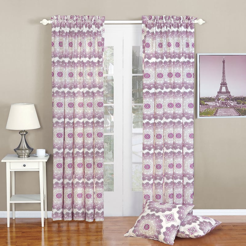 Serenta Delia Printed Rod Pocket Curtain Panel and Pillow Set - 84 Inches - Magenta Purple