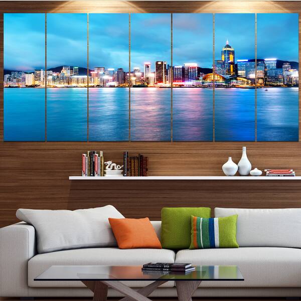 slide 1 of 7, Designart 'Colorful Hong Kong at Night' Modern Cityscape Wall Art - Multi-color