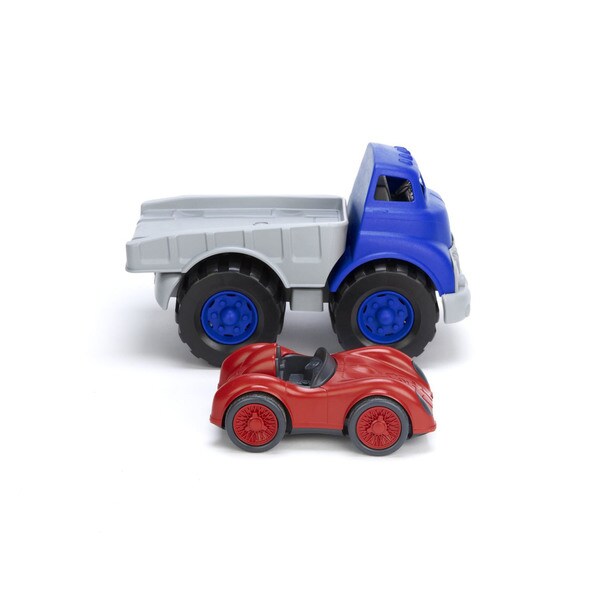 green toys flatbed truck and race car