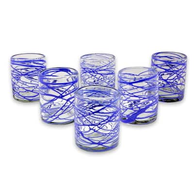 NOVICA Set of 6 Blown Glass Rock Glasses, 'Sapphire Swirl' (Mexico) - 3.9*3.1