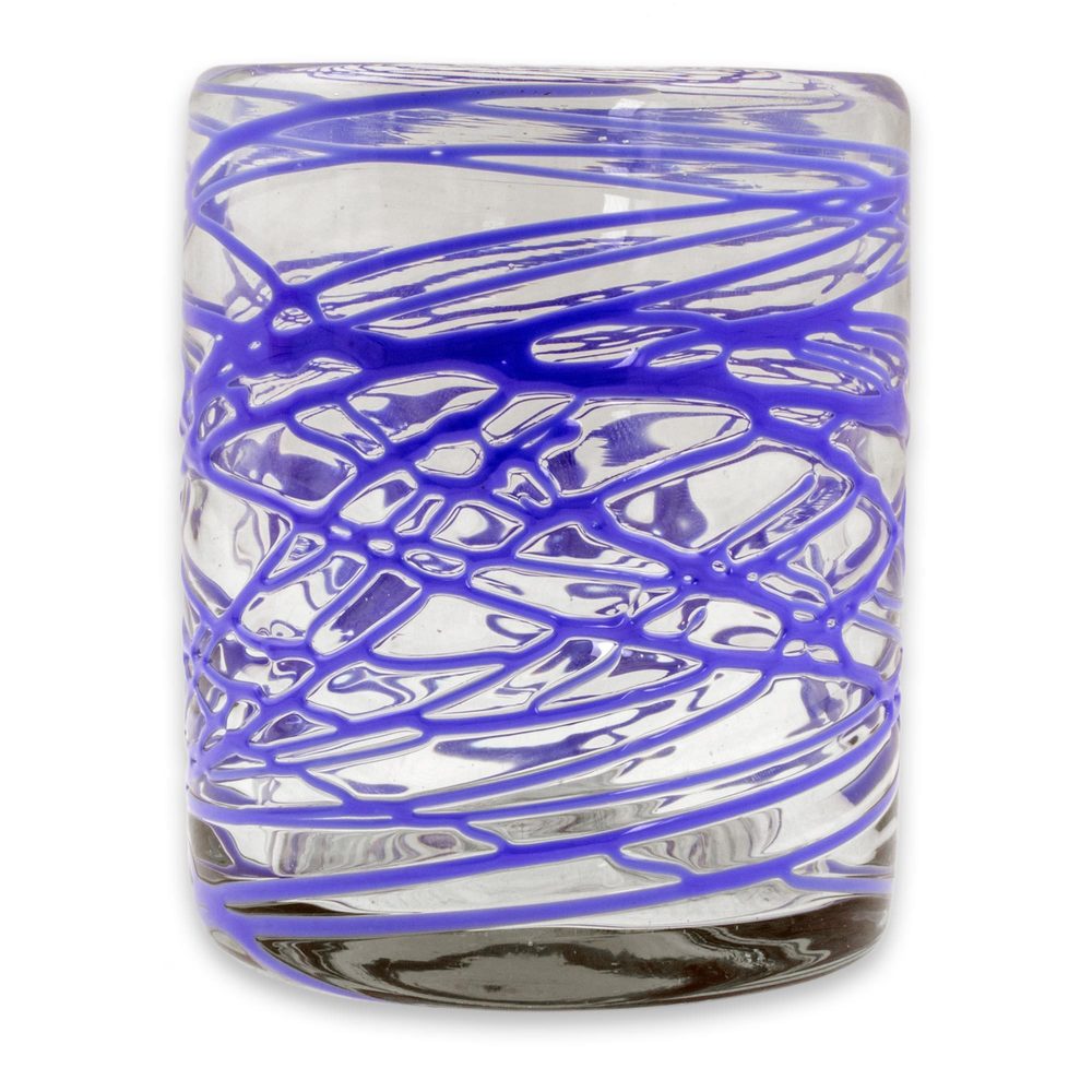 Six Blue Swirl Hand Blown 11 oz High Ball Glasses - Sapphire Swirl