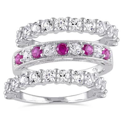 Miadora Sterling Silver Created Ruby and White Sapphire 3-Piece Semi-Eternity Milgrain Ring Set - Red